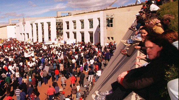 A riot outside Parliament House in 1996 showed some of the anger to the Howard government's agenda.
