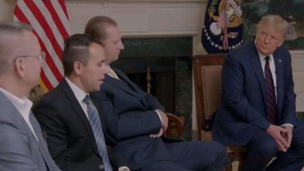 US President Donald Trump speaks with former hostages.