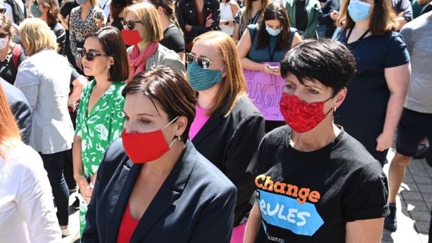 Jodi McKay and Labor women at March 4 Justice protest in Sydney on Monday.
