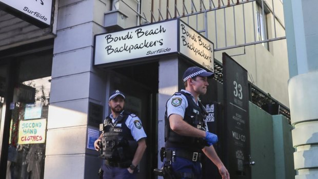 Police leave the Bondi Beach Backpackers after breaking up a public indoor gathering on last Friday.
