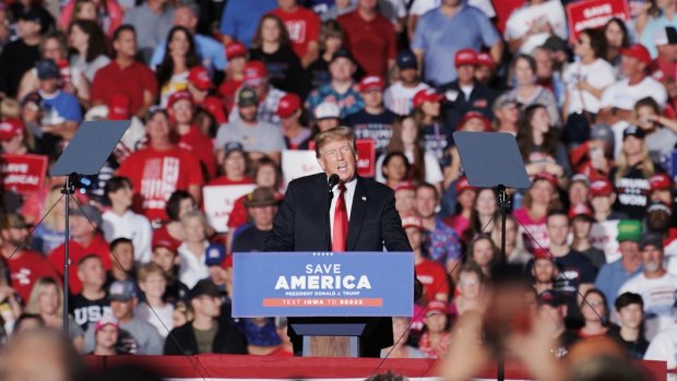 Back on the trail: Donald Trump speaks during a Save America rally in Iowa last month. 