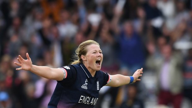 Player of the Match Anya Shrubsole celebrates after taking the final India wicket of Rajeshwari Gayakwad to win the ICC Women's World Cup 2017 Final between England and India at Lord's Cricket Ground in London on July 23, 2017. 