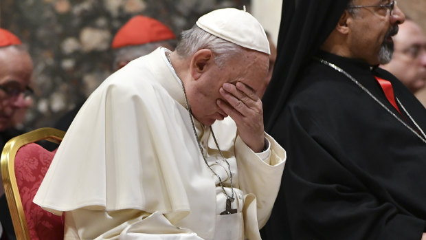 Pope Francis attends a penitential liturgy at the Vatican on Saturday. The pontiff is hosting a four-day summit on preventing clergy sexual abuse.