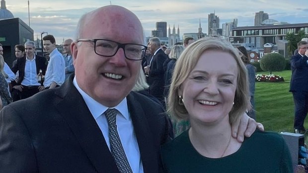George Brandis with Liz Truss in London after she became Conservative Party leader. Just 45 days later, she announced her resignation.