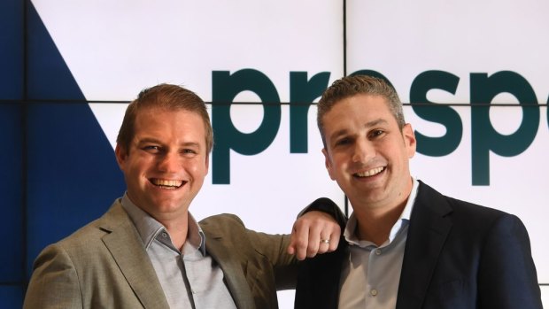 Beau Bertoli and Greg Moshal, Prospa joint CEOs, just before the fintech lender listed on the ASX at a 19 per cent premium to its offer price.