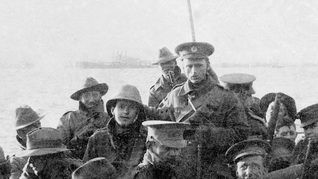 Men of the 1st Divisional Signal Company about to land at Anzac Cove.