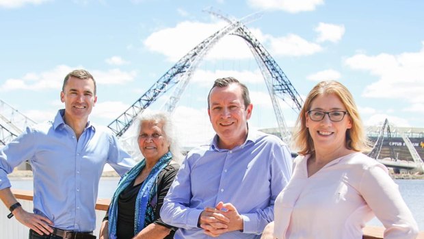 Perth MP John Carey, Whadjuk Elder Roma Winmar, Premier Mark McGowan and Transport Minister Rita Saffioti near Matagarup Bridge on Sunday.