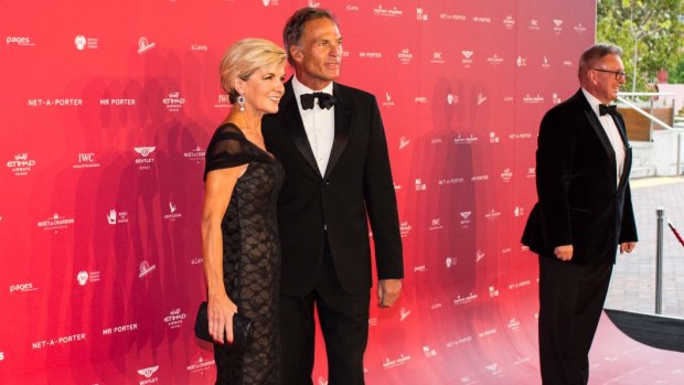 Former Foreign Affairs Minister Julie Bishop and David Patton arrive at the MAAS Fashion Ball at the Powerhouse Museum in Sydney. 