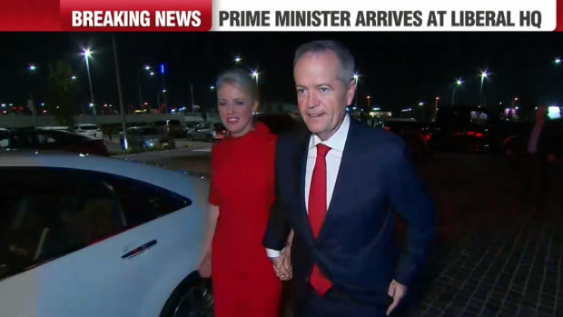 Labor leader Bill Shorten has arrived at the Labor Party HQ with his wife, Chloe Shorten. 