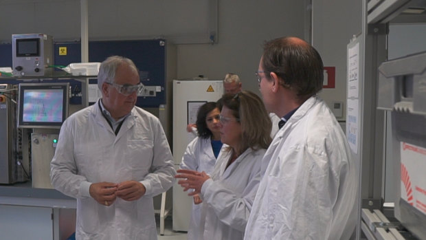 Johnson & Johnson's chief scientific officer Paul Stoffels talks to scientists at the company's Janssen Vaccines facility in Leiden, Holland. 