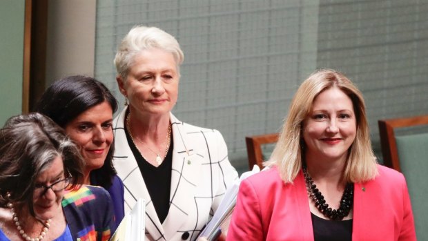 Cross about corruption: Crossbench MPs Cathy McGowan (left), Julia Banks, Kerryn Phelps and Rebekha Sharkie 