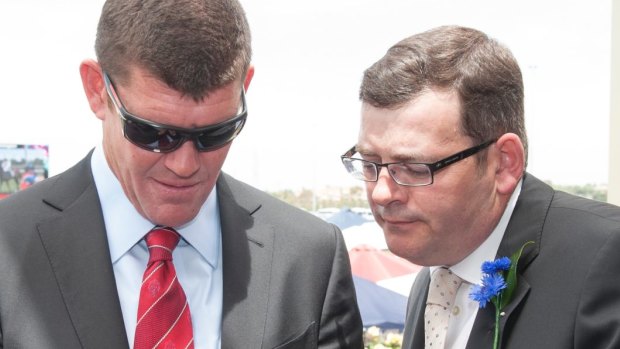 The state opposition says Daniel Andrews, pictured here with Crown’s largest shareholder James Packer in 2012, is sweeping the Bergin inquiry findings “under a rug”.  