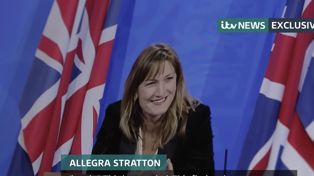 Prime Minister Boris Johnson’s spokeswoman Allegra Stratton laughs as she confirms a staff Christmas party was held at Number 10 despite a ban on gatherings during a mock press conference, footage of which was leaked to ITV News.
