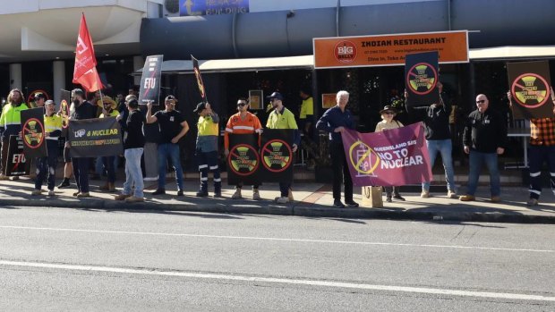 Protesters outside the LNP’s Albion offices on Monday.
