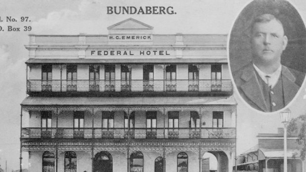 Postcard of the Federal Hotel, Bourbong Street, Bundaberg, showing the proprietor. It opened in May 1890.