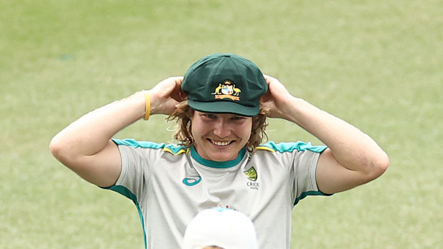 Will Pucovski was presented with his baggy green cap by Andrew McDonald.