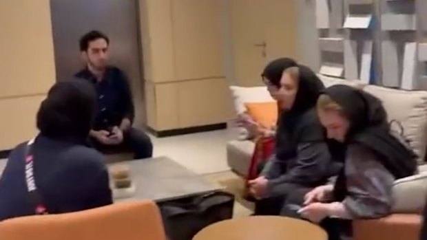 Member’s of the Iranian women’s soccer team entourage at the Hyatt Place hotel in Kuala Lumpur on Wednesday.