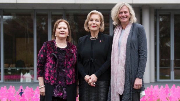 Ita Buttrose (centre) spoke at the Pink Lady luncheon for the Breast Cancer Network Australia in Canberra on Wednesday. With her is the network's CEO Christine Nolan (left) and breast cancer survivor and network board member Megan James.