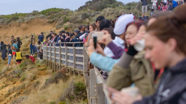 Tourists pose for photos outside the designated viewing area for the Twelve Apostles at Port Campbell.  But the coronavirus pandemic has brought tourism to a halt. 
