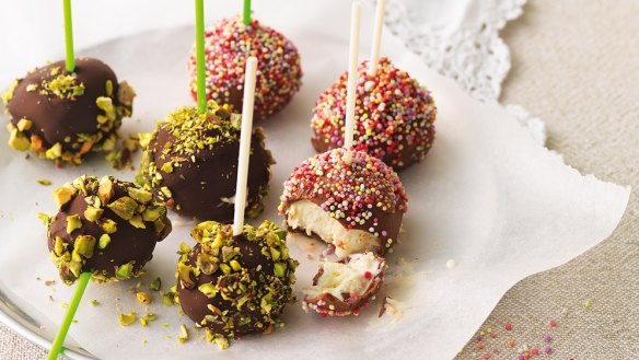 Chocolate dipped ice cream balls. 