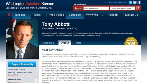 Mr Abbott's profile on the Washington Speakers Bureau website.
