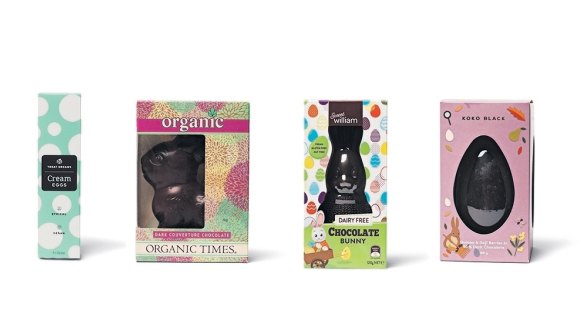 From left: Treat Dreams Cream Eggs; Sweet William Chocolate Bunny; Organic Times Small Easter Rabbit; Koko Black Quinoa and Goji Berry Dark Chocolate Egg.