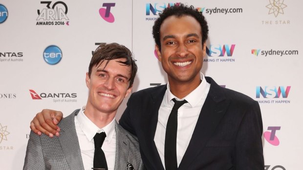 Okine with co-host Alex Dyson on the ARIAs red carpet in Sydney on Wednesday.