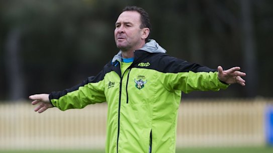 The redeemer: Raiders coach Ricky Stuart runs a  training session.