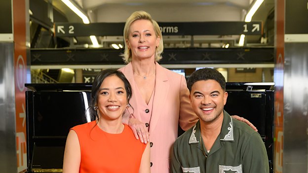 Host of The Piano, Amanda Keller, with Andrea Lam and Guy Sebastian.