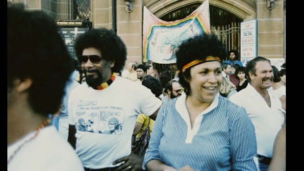 Sol Bellear at a land rights march, Pitt Street Uniting Church, Sydney, 1982

 