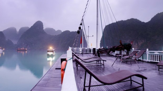 A view from on board a chinese junk cruise of Halong Bay.