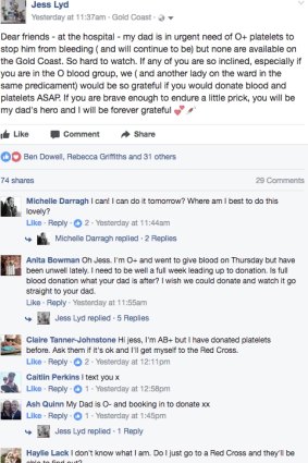 Ms Lydiard's Facebook post asking friends to donate blood was shared more than 70 times. She said the response has been "heartwarming".