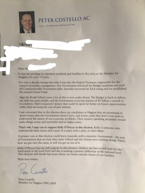 Peter Costello's letter in support of Kelly O'Dwyer.