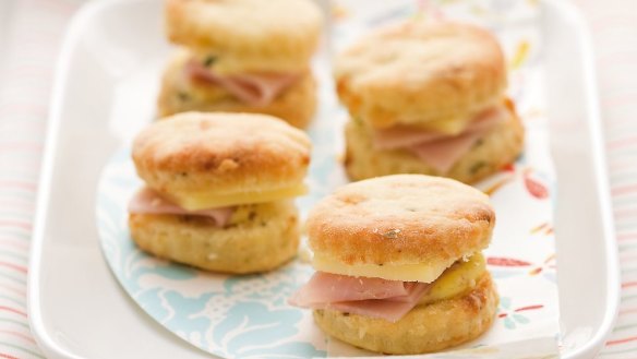 Savoury bites: mini blue cheese and chive scones with ham, mustard and more cheese <a href="https://www.goodfood.com.au/recipes/mini-scones-with-ham-and-cheese-20130808-2rhtk"><b>(Recipe here)</b></a>.