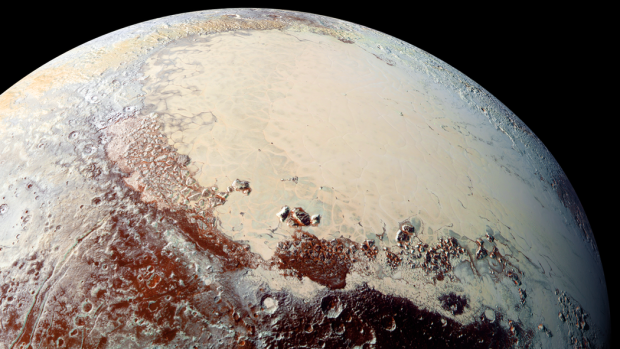 A colour image of Sputnik Planum, the region known as Pluto's "heart", which is rich in nitrogen, carbon monoxide and methane ices.
