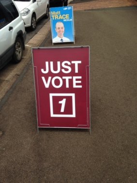 A "Vote 1" election sign outside a Queensland polling booth in Nicklin. 