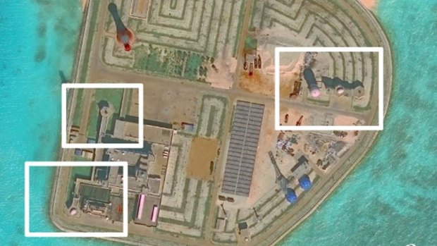 A recent satellite picture of weapons on one of the islands in the South China Sea. 