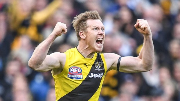 Jack Riewoldt celebrates his goal in the fourth term.