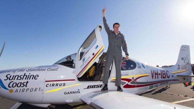 Lachlan Smart lands at Maroochydore Airport, where his journey began 54 days prior.