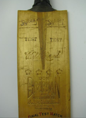 Legend: A bat Bradman used in his innings of 232 against England at The Oval in 1930. 