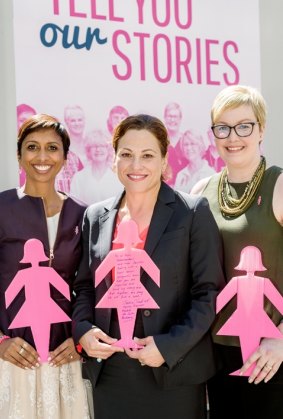 Mellissa Naidoo, Deputy Premier Jackie Trad and Emma-Louise Moss unveil a gallery of breast cancer survivor stories at South Bank.