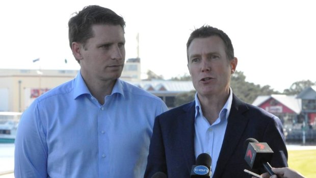 Canning MP Andrew Hastie and social services minister Christian Porter announce drug testing for job seekers in Mandurah. 