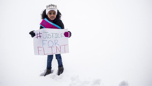 Eight-year-old Mari Copeny stands in the snow during a protest in Flint, Michigan.