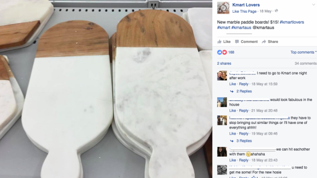 The Kmart Lovers Facebook page (not affiliated with Kmart) collates photos of items available in store, their price, and at which store they have been spotted.