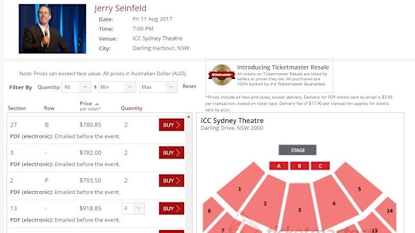 Some of the inflated prices on the Ticketmaster Resale website for Jerry Seinfeld stage show.