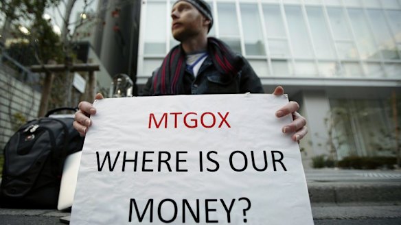 Mt. Gox customer Kolin Burges protests outside the company's headquarters in Tokyo.