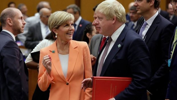 Foreign Minister Julie Bishop and UK Foreign Secretary Boris Johnson at Counter-ISIL Coalition Foreign and Defence Ministers' meeting in Washington on Thursday.