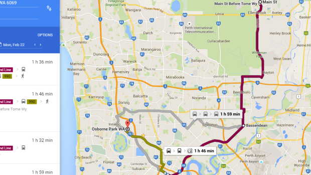 Getting from Ellenbrook to an Osborne Park office involves travelling in a 'horseshoe', with journey times of up to one and three-quarter hours each way. 