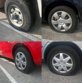A montage of slashed tyres.