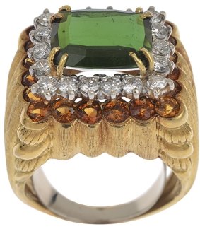 This tourmaline and diamond cocktail ring recently sold for auction at Leonard Joel's for $1600.